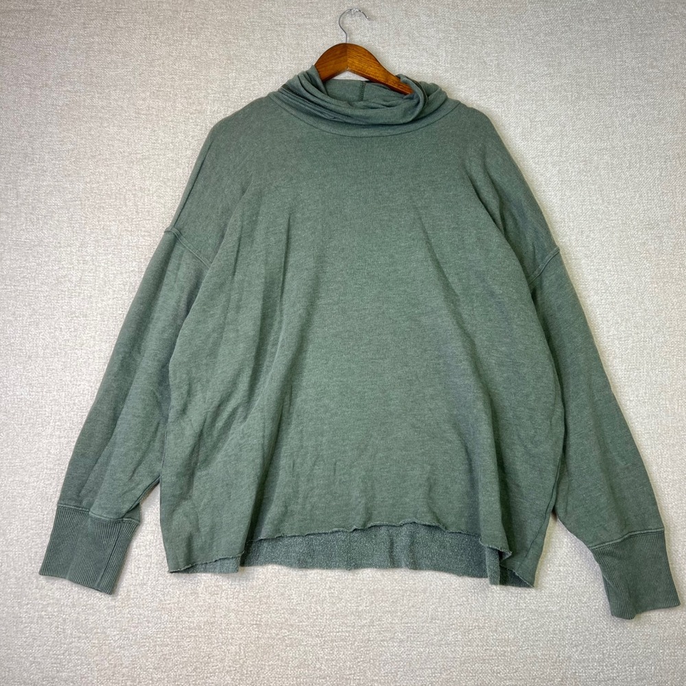 Aerie Women Oversized Raw Hem Fleece Sweatshirt Large Green Roll Cowl Neck